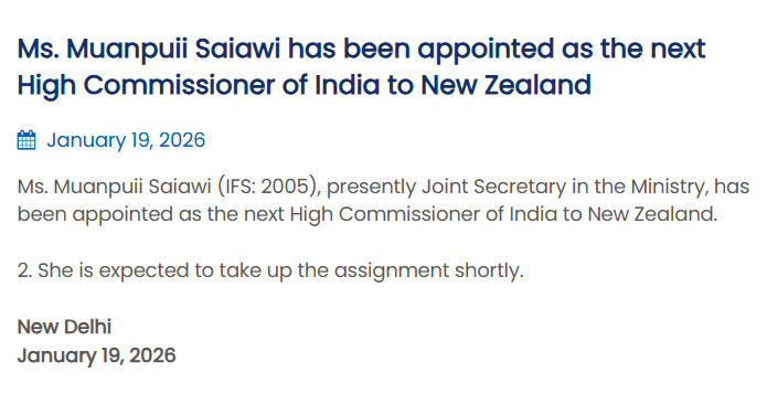 Ms. Muanpuii Saiawi New Indian HC to NZ